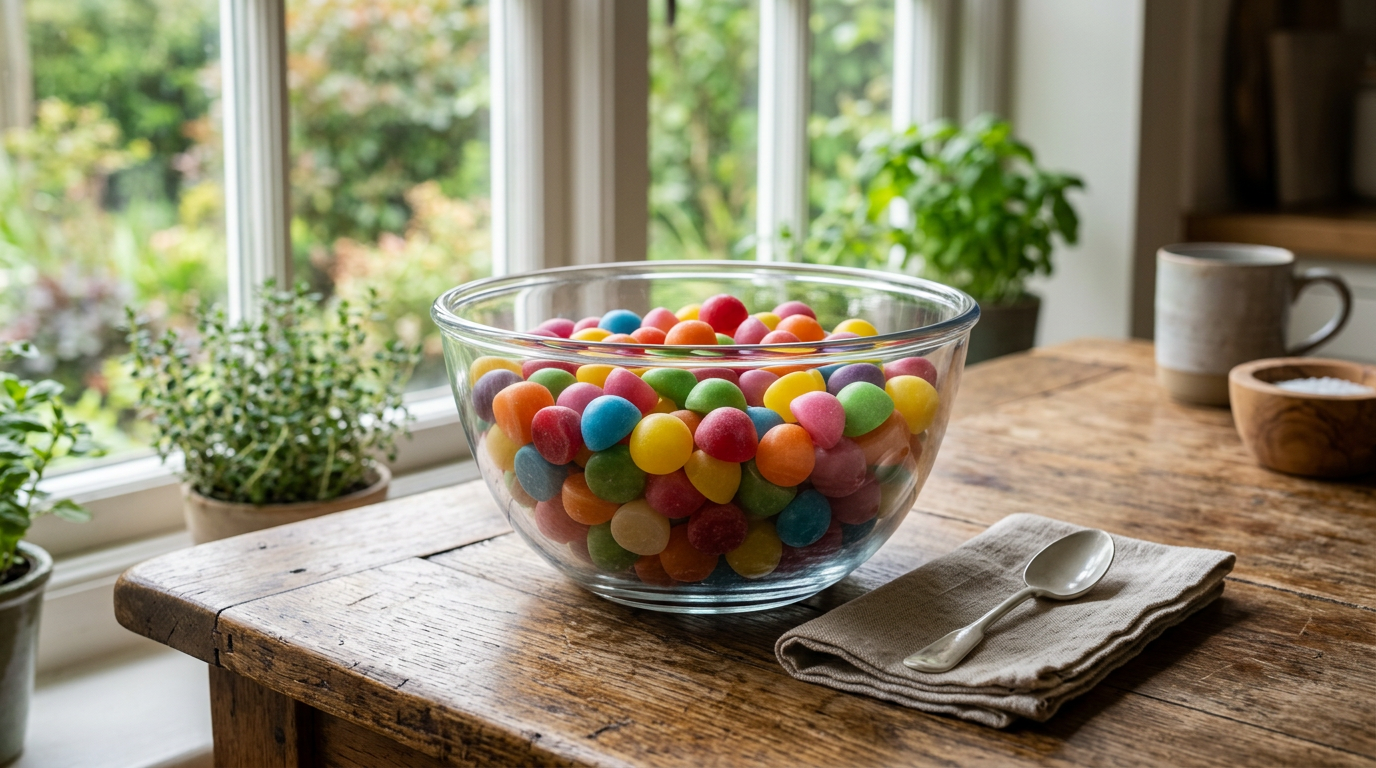 A bowl filled with various tropical flavored candies in a bright kitchen setting.