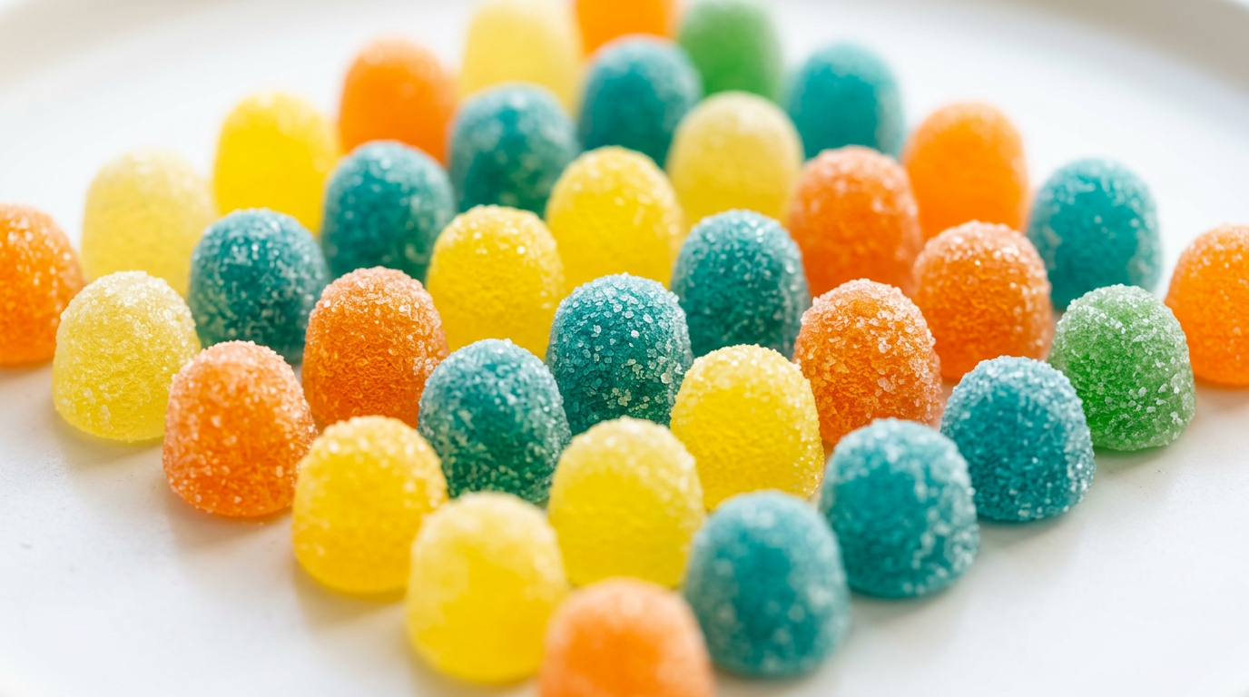 Close-up of assorted tropical gumdrops on a white surface.
